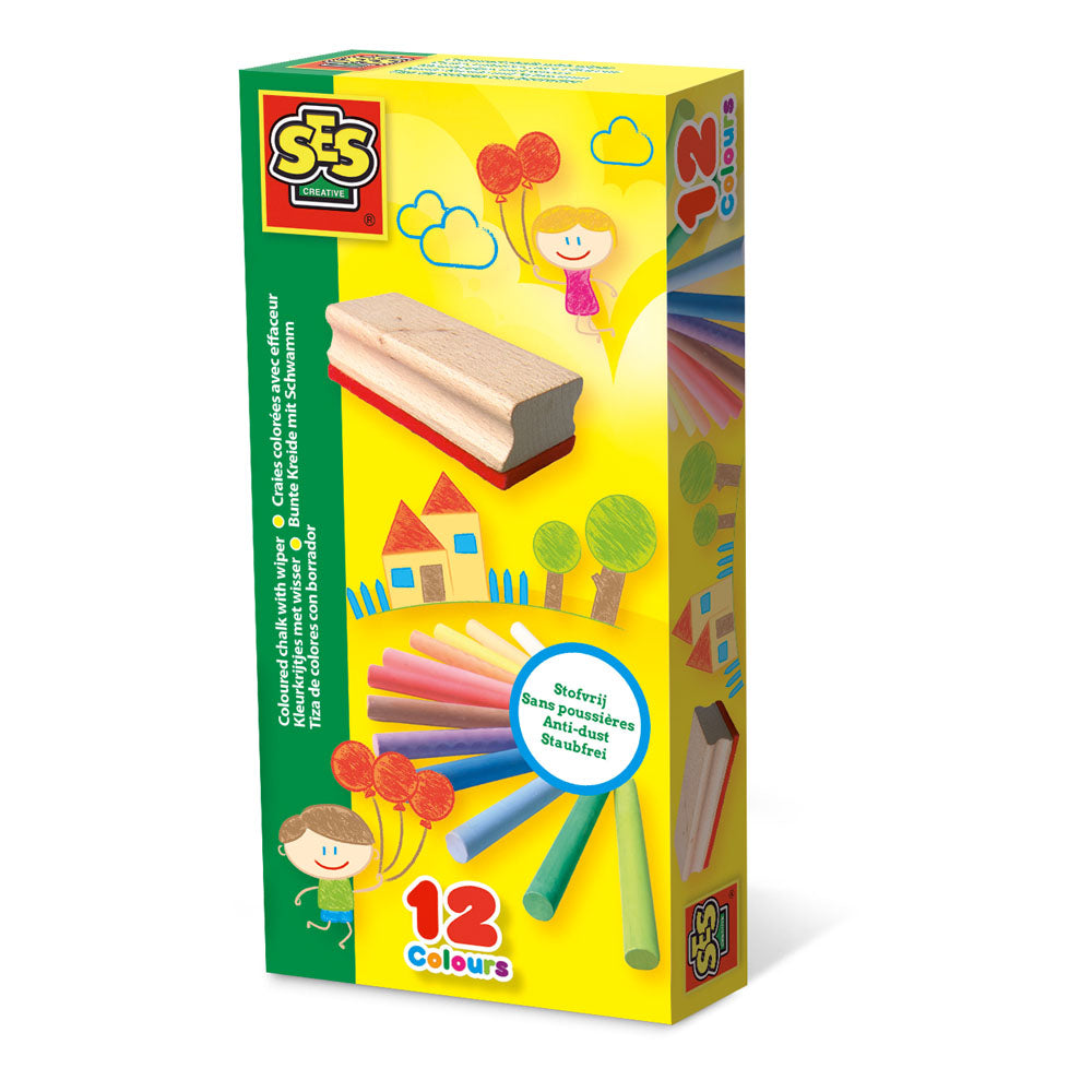 SES Creative Coloured Chalk with Wiper Set, 12 Colours