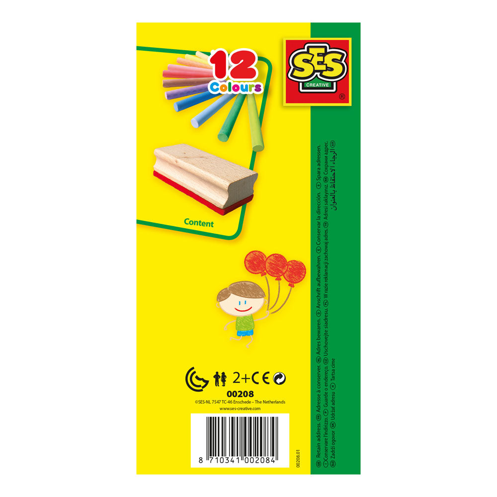 SES Creative Coloured Chalk with Wiper Set, 12 Colours